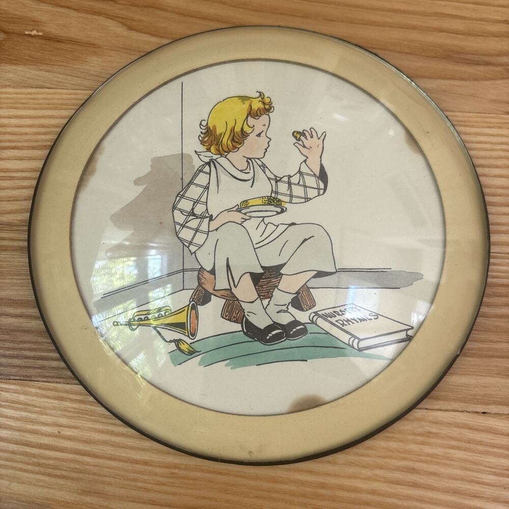 1930s Antique Nursery Rhyme Children’s Art Convex Round Frame Jack Horner?